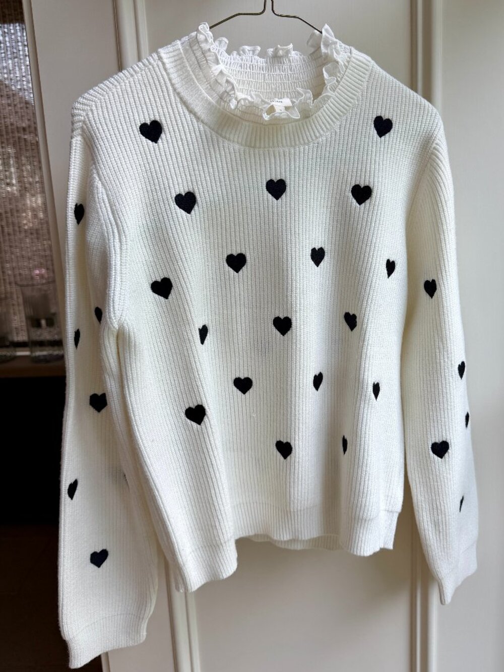 Anthropologie Ruffled Collar Heart Sweater in Classic Black and White - Picture 3 of 13